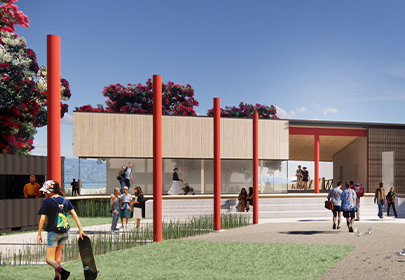 An artist's impression of one view of the Kāpiti Gateway, with red po leading to the building, and people skating, talking, and walking around the building