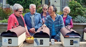 A group of senior residents laughing together behind a row of mailboxes.