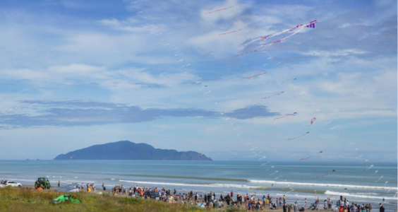Kites and people at Ōtaki Beach for the Kite Festival, with Kāpiti Island in the background.