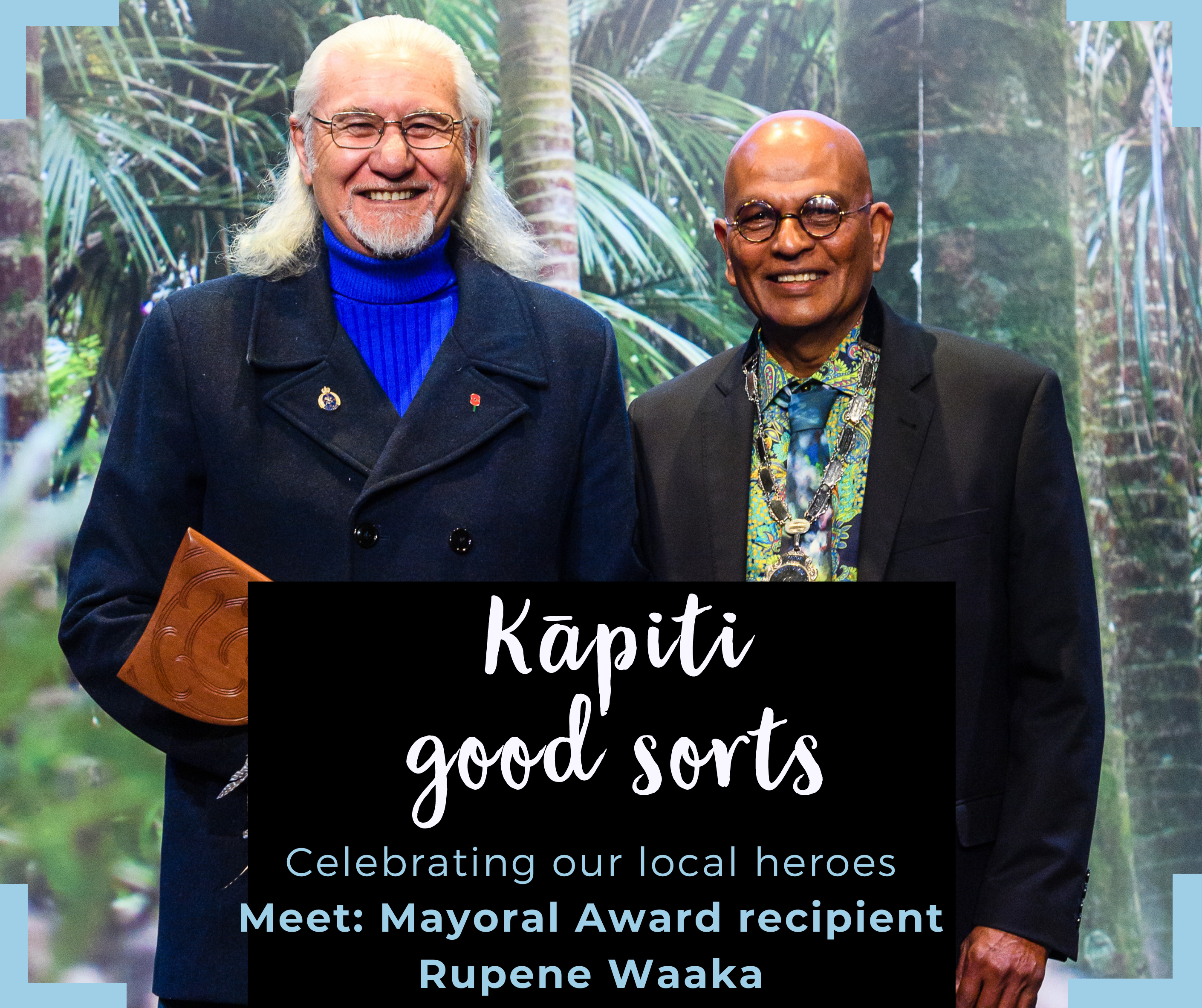 Photo of Mayoral Award recipient Rupene Waaka with Mayor Guru