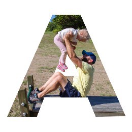 Photo in the shape of the letter "A", with an adult using outdoor adult exercise equipment while holding a child up in the air