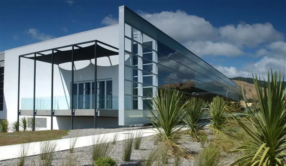 Outside of Parparaumu Library, looking at the west end of the building that faces towards Kāpiti Island.
