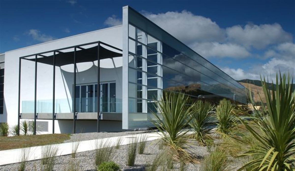Outside of Parparaumu Library, looking at the west end of the building that faces towards Kāpiti Island.
