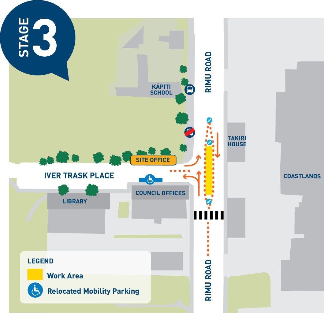 Map of stage three of roadworks at intersection of Iver Trask Place and Rimu Road; Iver Trask Place will be accessible from Rimu Road during this stage, as roadworks will be between the north- and south-bound lanes