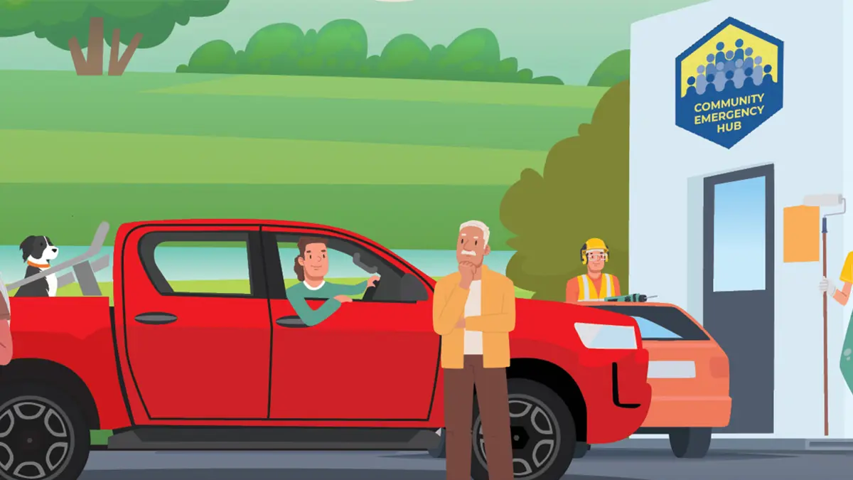 Illustration of people in and beside cars at a community hub.