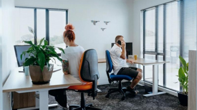 Two people working in a shared office space