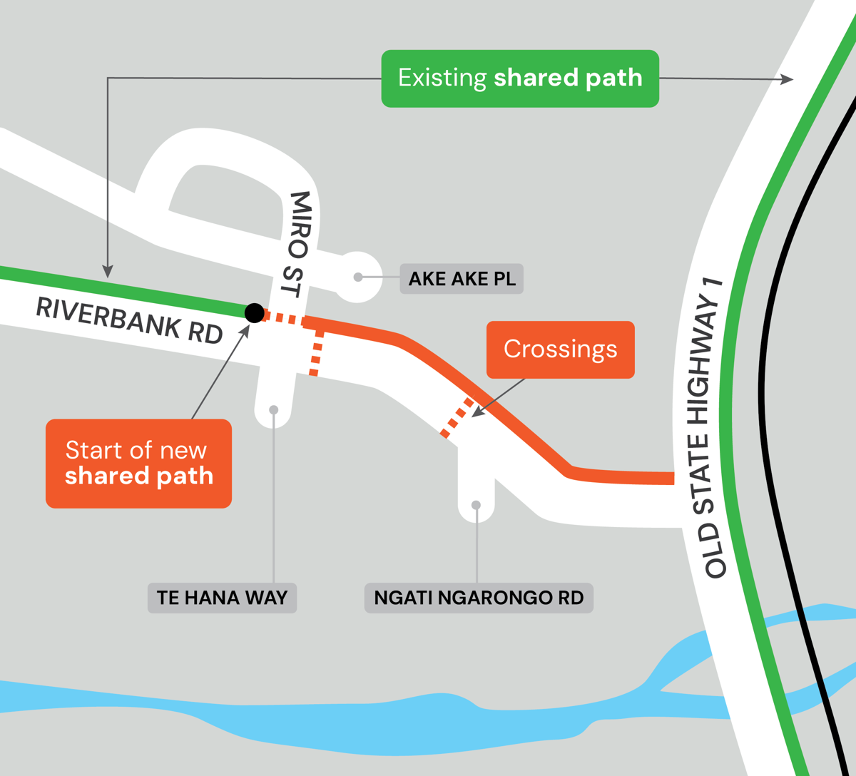 Map showing where the new shared path will go along Riverbank Road.