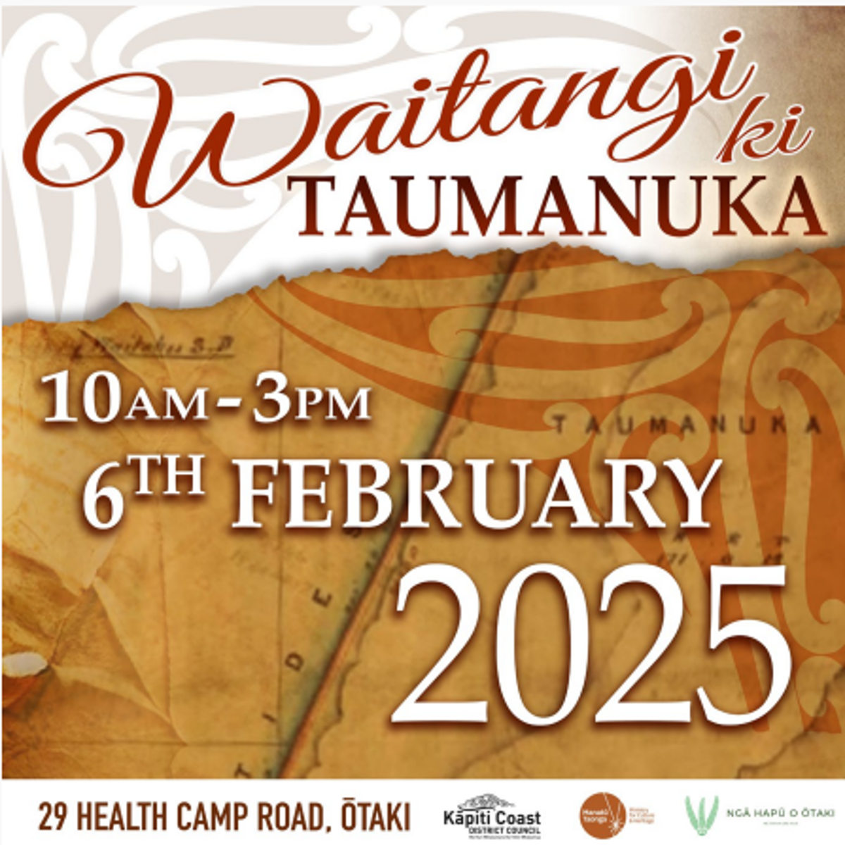 Decorative: Poster showing Waitangi Ki Taumanuka event details and sponsors. 10am–3pm, 6 February 2024, 29 Health Camp Road, Ōtaki. Logos for Kāpiti Coast District Council, Manatū Taonga Ministry for Culture and Heritage and Ngā Hapū o Ōtaki