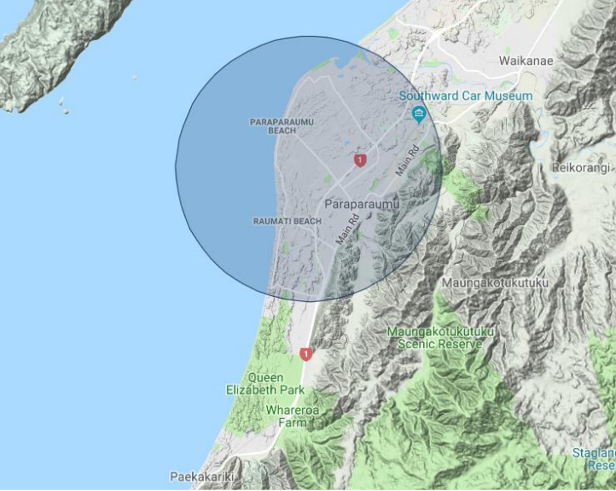 Map showing the no-fly zone over Paraparaumu, Raumati and Otaihanga.