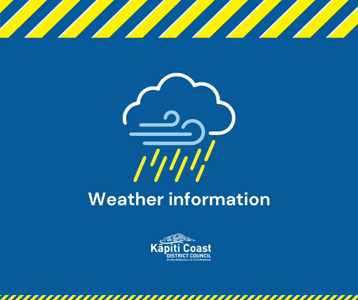 Graphic showing a cloud with wind and rain icons above the text “Weather information”, with Kāpiti Coast District Council branding on a blue background.