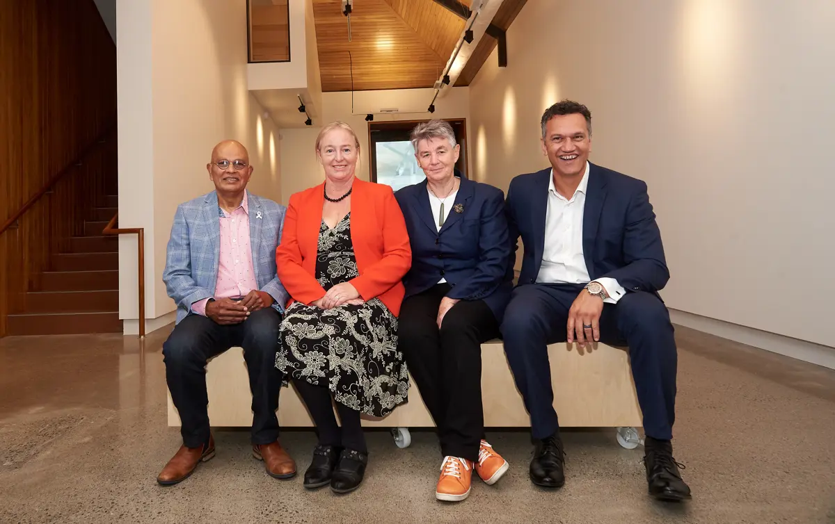 Photo of former Mayor K Gurunathan, Mayor Janet Holborow, former Mayor Jenny Rowan, and Council Chief Executive Darren Edwards.