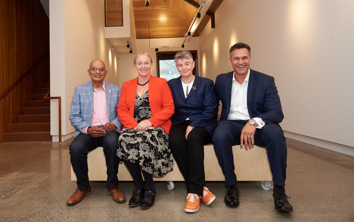 Photo of former Mayor K Gurunathan, Mayor Janet Holborow, former Mayor Jenny Rowan, and Council Chief Executive Darren Edwards.