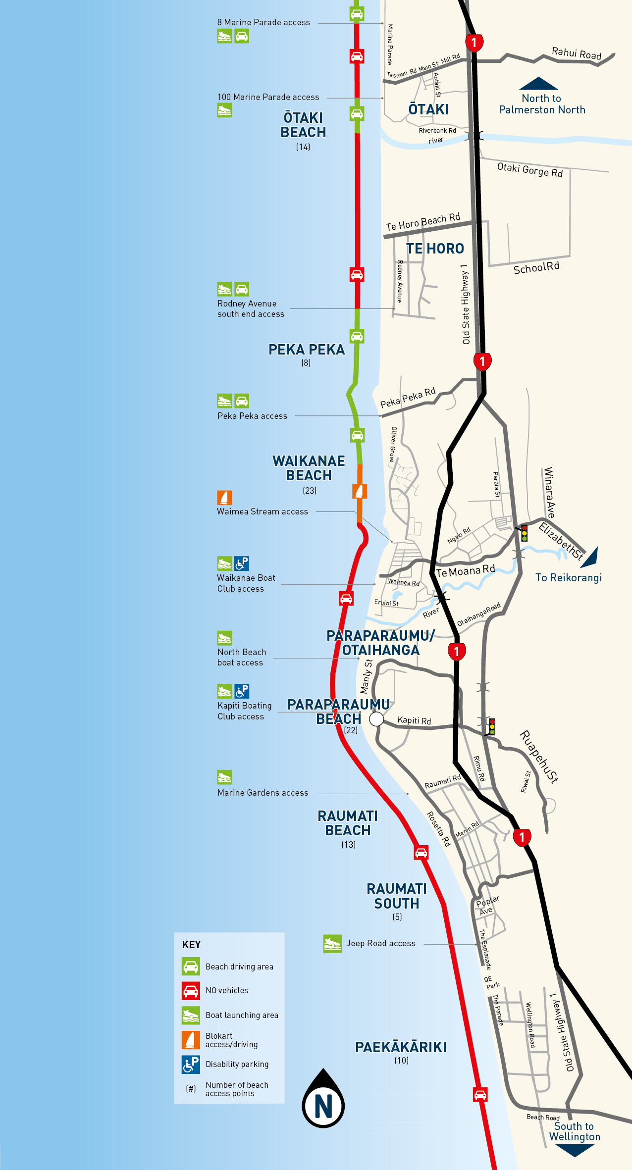 Map showing vehicle zones for beaches, Ōtaki to Paekākāriki