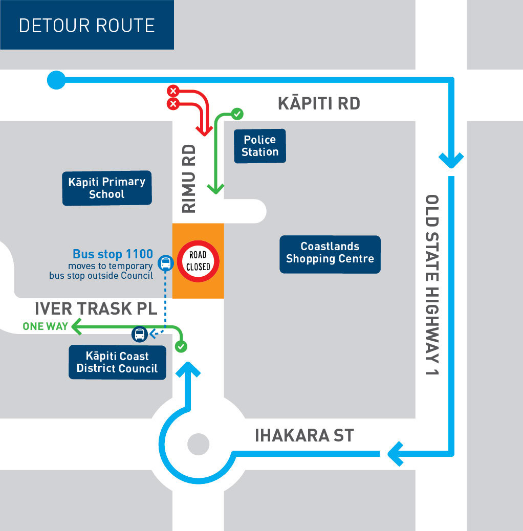 Map showing the detour route while Rimu Road is closed for stormwater works. Detour when travelling up Kāpiti Road towards Old SH1 is to go to Old SH1, turn right along Old SH1, and down Ihakara Street.