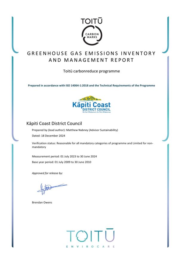 Toitū Carbon Reduce GHG Emissions Inventory Report 2023 24