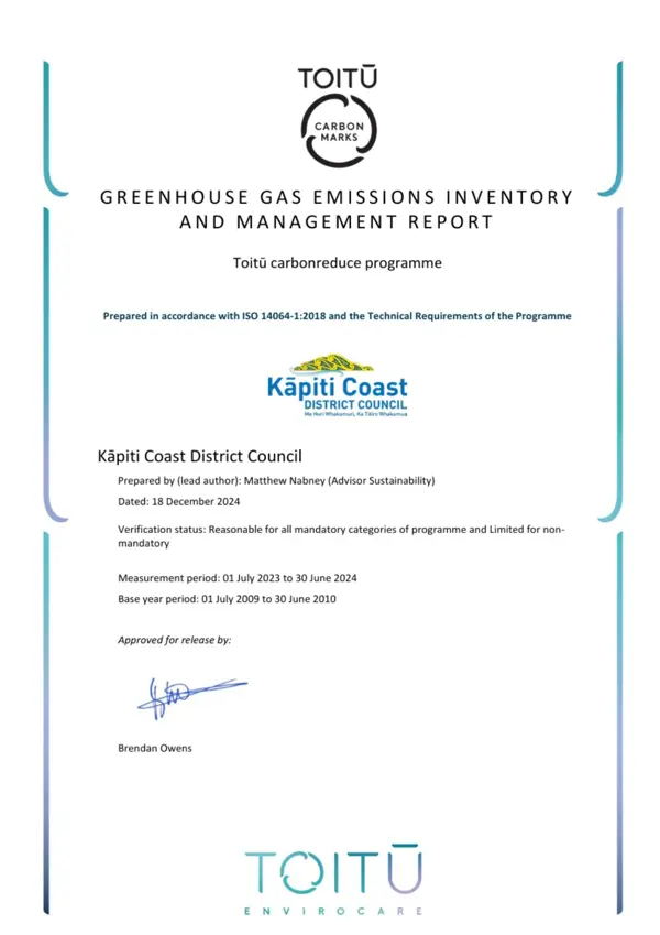 Toitū Carbon Reduce GHG Emissions Inventory Report 2023 24