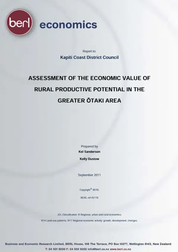 Berl Economics, 2011 – Assessment Of The Economic Value Of Rural Potential In The Greater Ōtaki Area