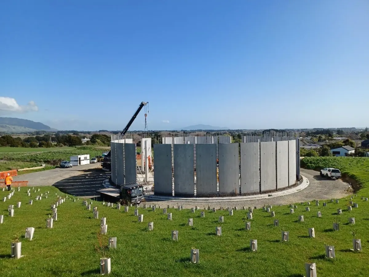 Ōtaki Reservoir taking shape with the walls now in place and plantings around the bottom.