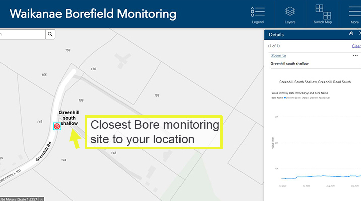 arrow pointing to closest bore monitoring site to selected property