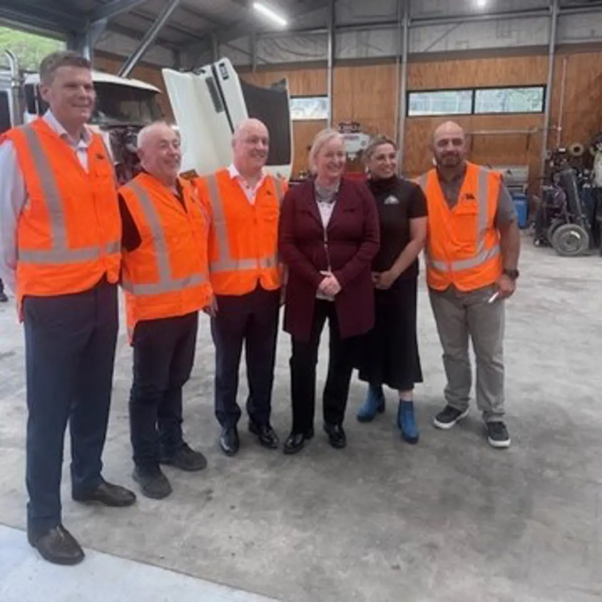 Member for Ōtaki Tim Costley, David Mills (Director, Mills Albert), Prime Minister Christopher Luxon, Kāpiti Coast District Mayor Janet Holborow, Lisa Mills-Albert (Corporate Services Manager, Mills Albert), Paul Albert (General Manager, Mills Albert)