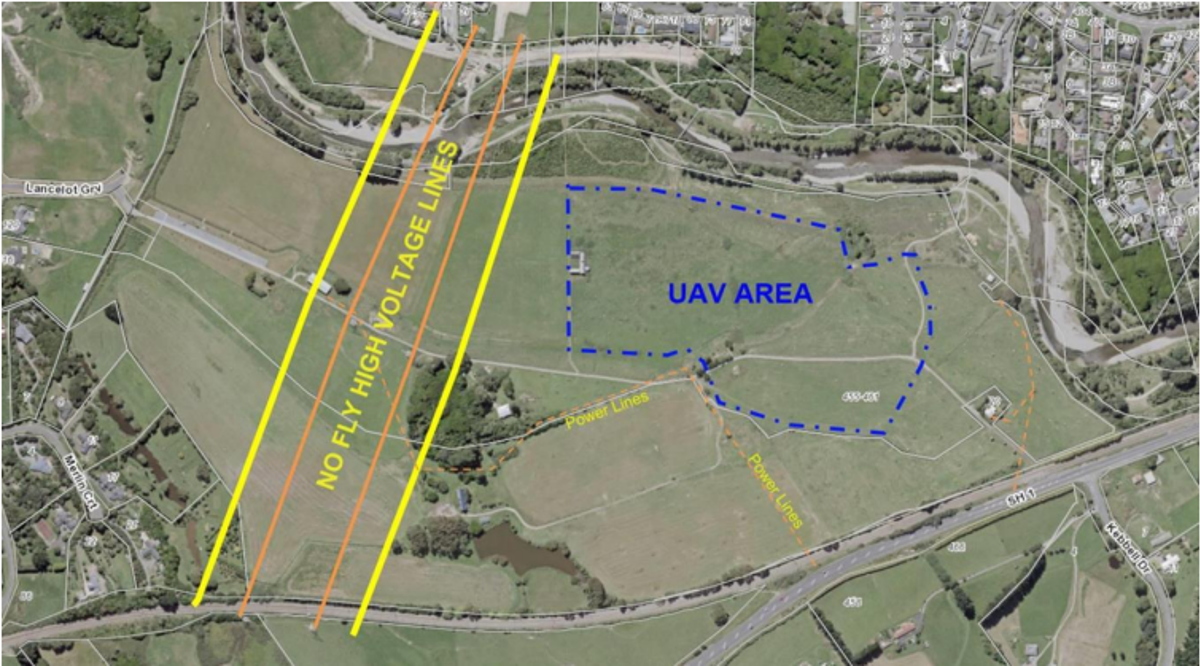 Map of Otaraua Park showing the no-fly area due to high voltage lines, and the designated area for flying drones.