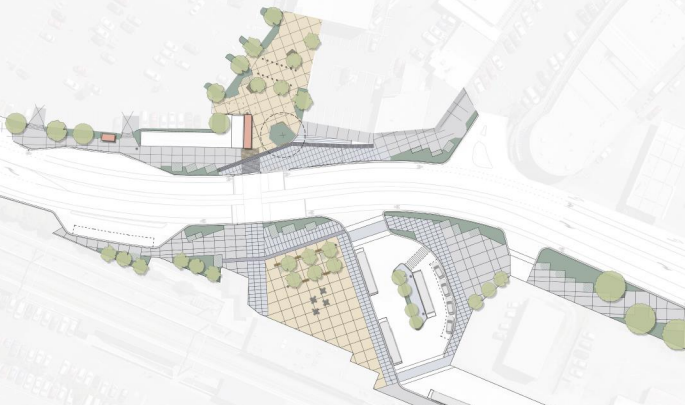 Birds-eye drawing of the transport hub and Coastlands Parade area.