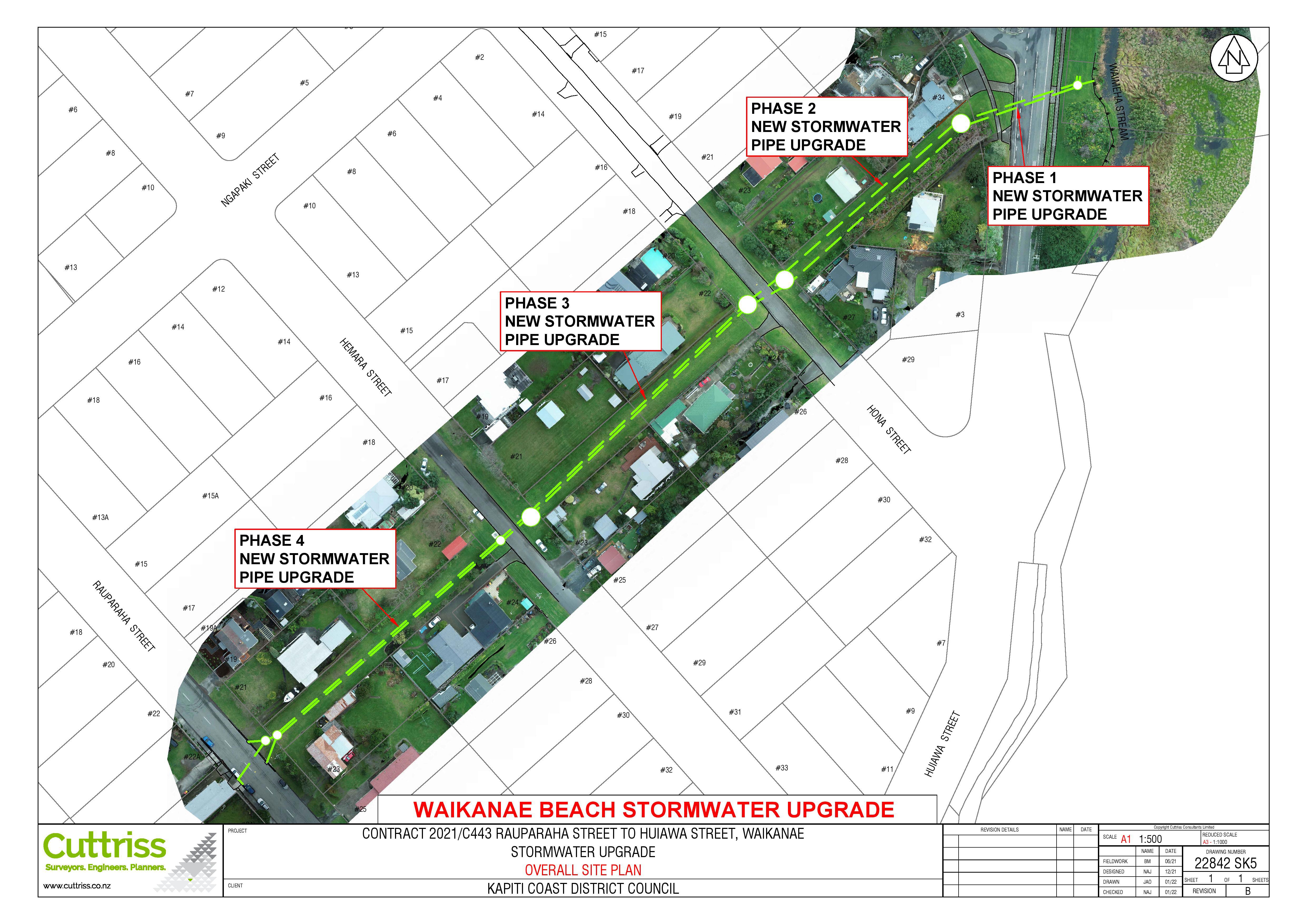 Map of Waikanae Beach stormwater upgrade work area and stages.