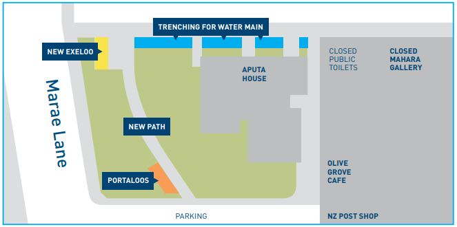Map showing location of new temporary public toilets and trenching work during Mahara Gallery construction
