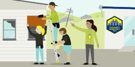 Stylised graphic of a group of people helping each other to complete maintenance work at a community emergency hub.