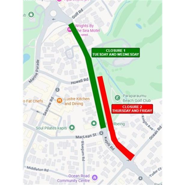 Map of the Paraparaumu Beach area showing two planned road closures on Kapiti Road. A green section between Maclean Street and near Golf Road is labelled “Closure 1 - Tuesday and Wednesday”. A red section between Maclean Street and the Kapiti Road/Ocean Road intersection is labelled “Closure 2 - Thursday and Friday”. Nearby streets and landmarks shown include Howell Road, Marine Parade, Ocean Road, Maclean Street, Wrights by the Sea Motel, and Paraparaumu Beach Golf Club.