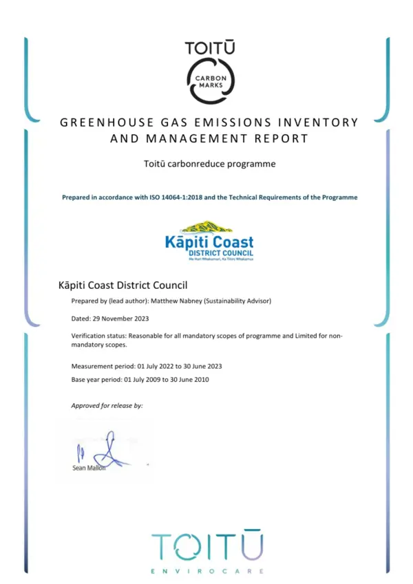 Toitū Carbon Reduce GHG Emissions Inventory Report 2022 23