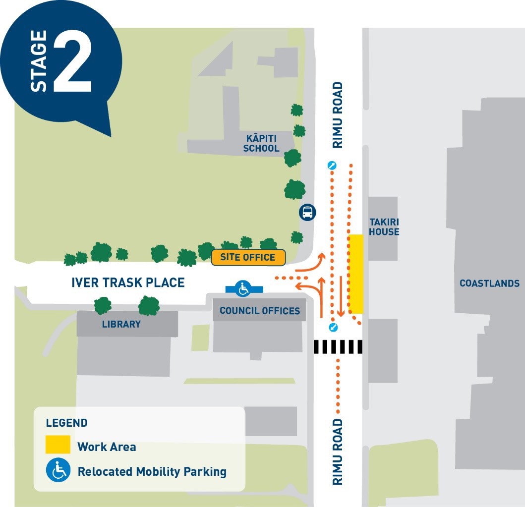 Map of stage two of roadworks at intersection of Iver Trask Place and Rimu Road; Iver Trask Place will be accessible from Rimu Road during this stage, as roadworks will be acoss the road