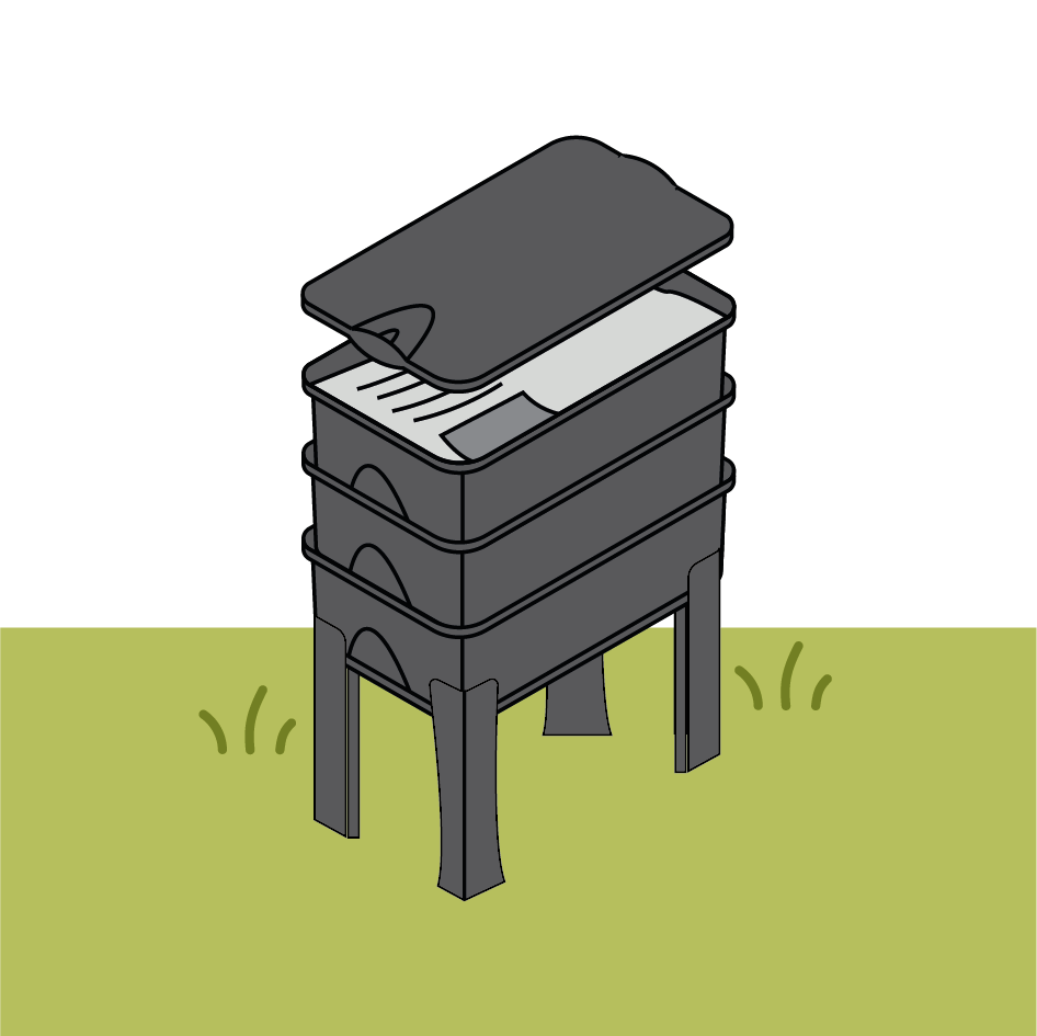 Illustration of a worm farm, with four layers, and the lid lifted to show how to feed the farm