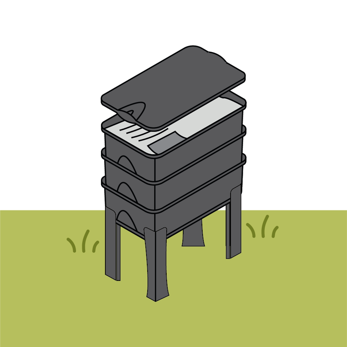 Illustration of a worm farm, with four layers, and the lid lifted to show how to feed the farm