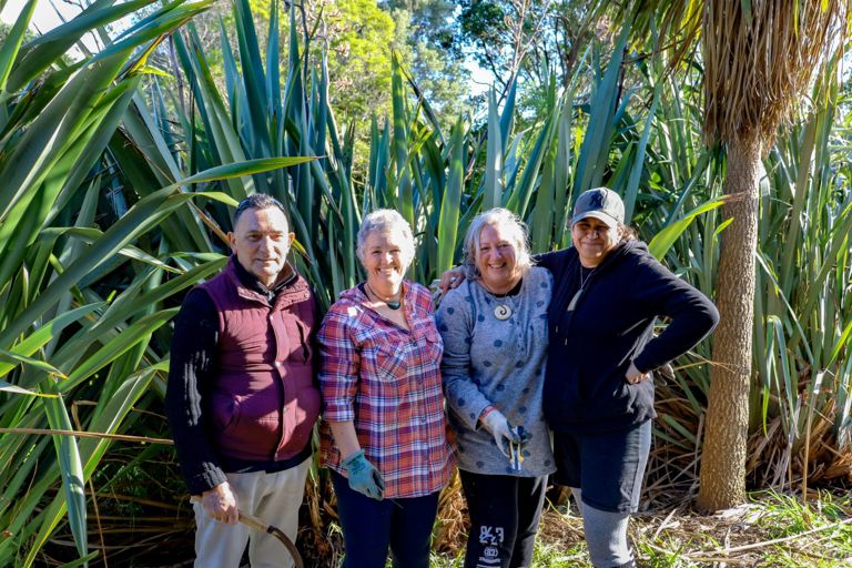 (Left to right) Ngati Haumia Kaiwhakahaere Karl Farrell, and renowned weavers Margaret Jackson, Brenda Tuuta, and Raima Kingi