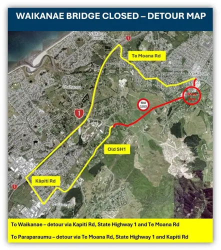 Waikanae Bridge closed - detour map