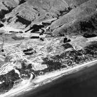 Whites Aviation Photo of Marine Camp at Paekākāriki during World War II, looking south-east thumbnail