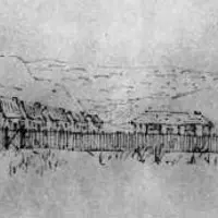 Durie‘s house and the police barracks. The five constables’ huts were '16 feet long having thatched roofs and supplejack chimney and single boarded’. The nearby river later washed the building away. ‘Waikanai 1852’, pencil sketch by Robert Wynyard, ATL. thumbnail