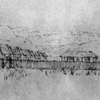Durie‘s house and the police barracks. The five constables’ huts were '16 feet long having thatched roofs and supplejack chimney and single boarded’. The nearby river later washed the building away. ‘Waikanai 1852’, pencil sketch by Robert Wynyard, ATL. thumbnail