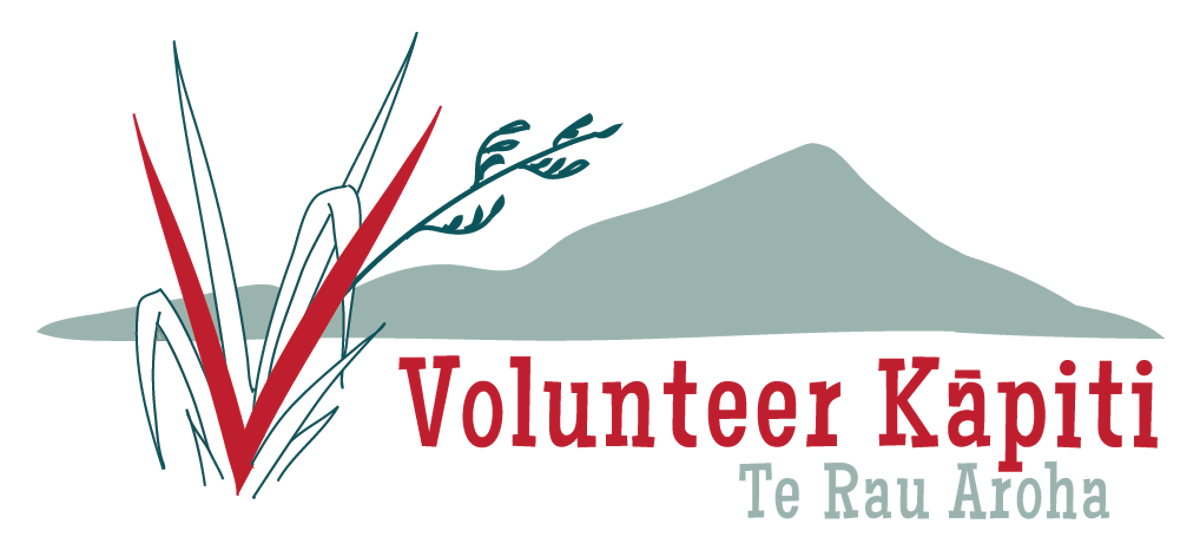 Volunteer Kāpiti logo with graphic of flax and Kāpiti island in the background