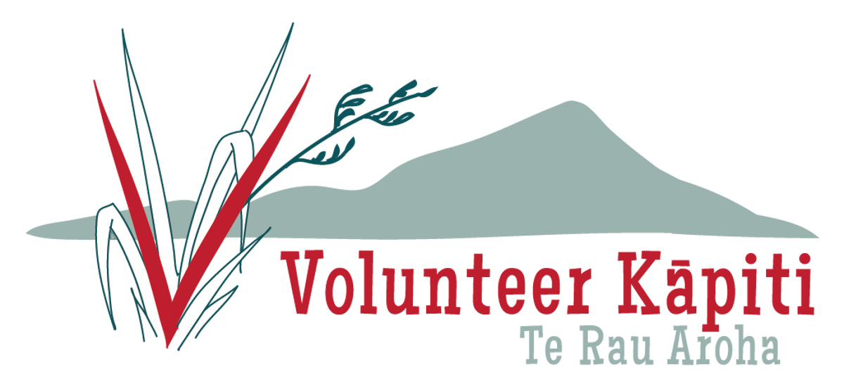 Volunteer Kāpiti logo with graphic of flax and Kāpiti island in the background