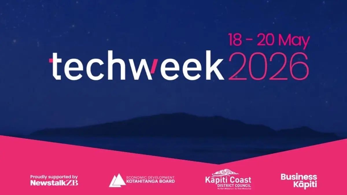 techweek 2026 poster 18-20 May. Blue background with silhouette of Kāpiti island in the background. Sponsors listed left to right: News talk ZB, Kotahitanga Board, Kāpiti coast district council, Business Kāpiti