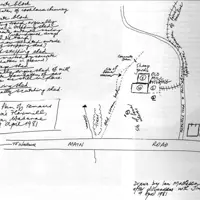 Sketch plan of remains of Brown's Flaxmill, Paetawa, Waikanae, 9 April 1981 – Ian's plan drawing thumbnail