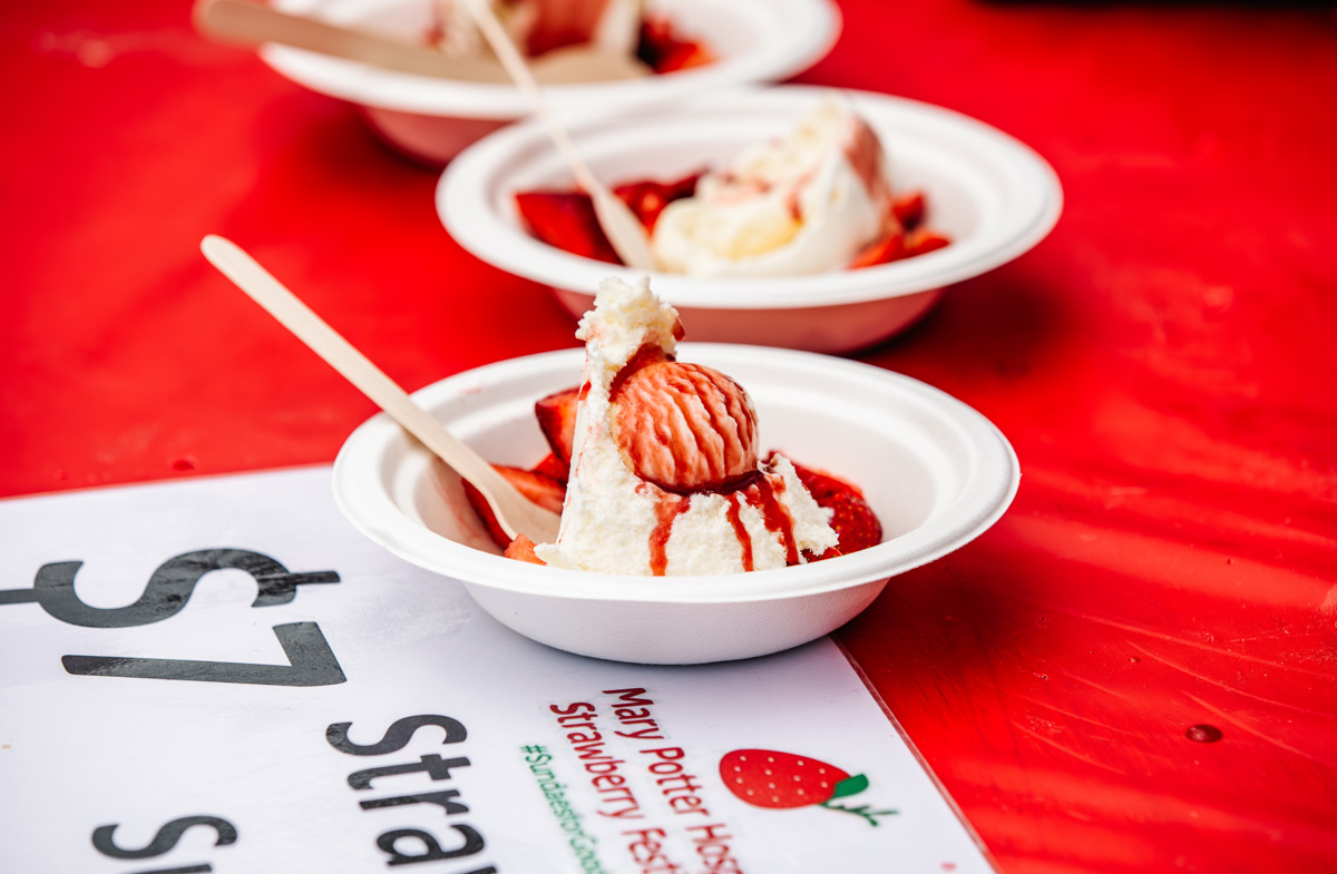 Bowls of strawberries and ice cream at the Kāpiti Strawberry Festival