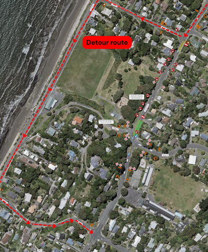 Birds eye view map of Paekākāriki showing the detour route