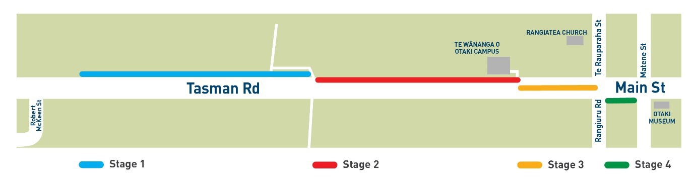 Map showing staging of water main upgrade work along Tasman Road, as outlined in text below