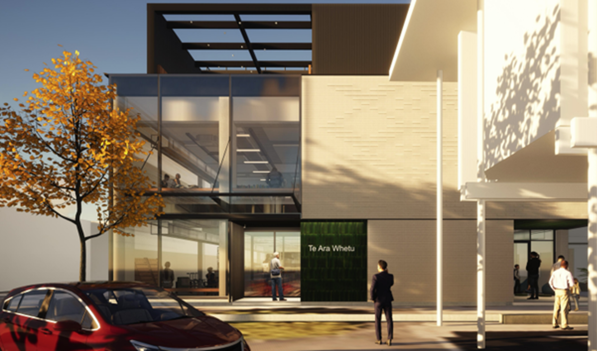 Developed design render of the outside of Te Ara Whetū, the new library for Waikanae. Showing the glass and green tiled entranceway