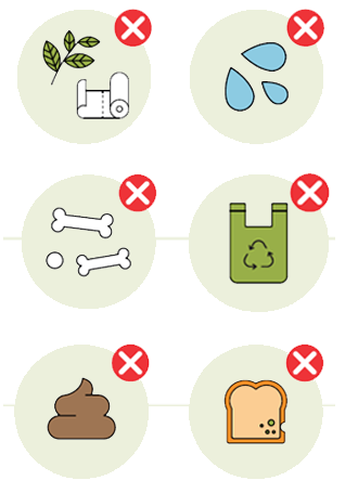 Graphic showing things not to add to bokashi buckets - plants, paper, liquids, large bones, compostable packaging, pet faeces, or mouldy food.