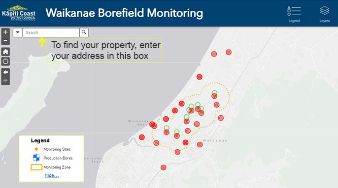 map of Waikanae showing water bore locations