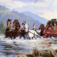 A mail coach crossing the river. Oil painting by Ernest Papps. Courtesy of the artist and Carol Doreen. thumbnail